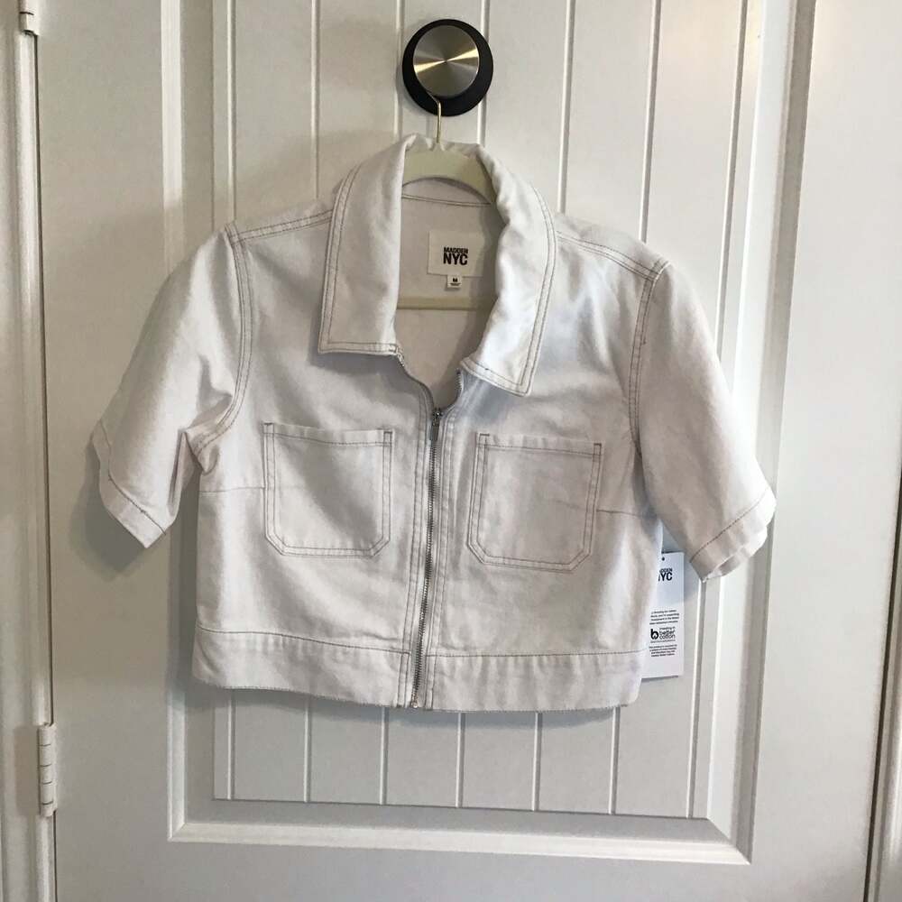 Madden NYC Women's White Denim Cropped Short Sleeve Zip-Up Jacket